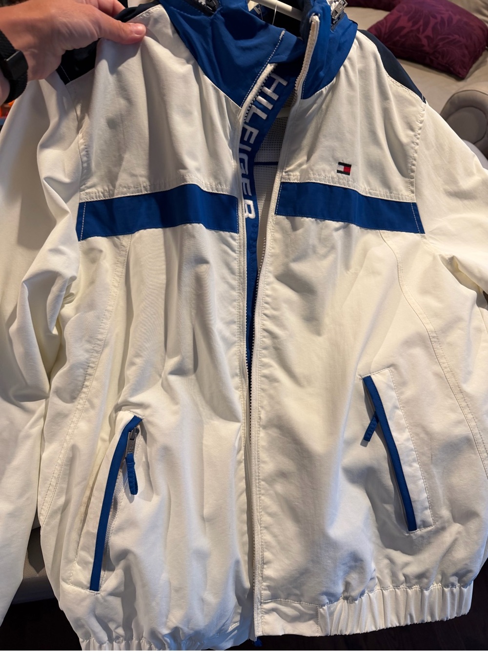 Tommy Hilfiger White and Blue Hooded Windbreaker Jacket